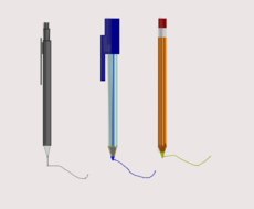 lapiseira, caneta e lápis.
