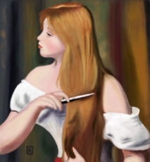 Blonde girl combing her hair