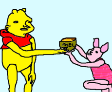 realistic pooh giving the honey to the pink pig