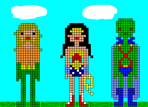 Aquaman, Mulher Maravilha & Caçador de Marte. Pixel Art.