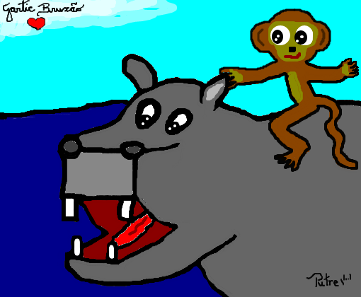 Macaco catando piolho num hipopótamo
